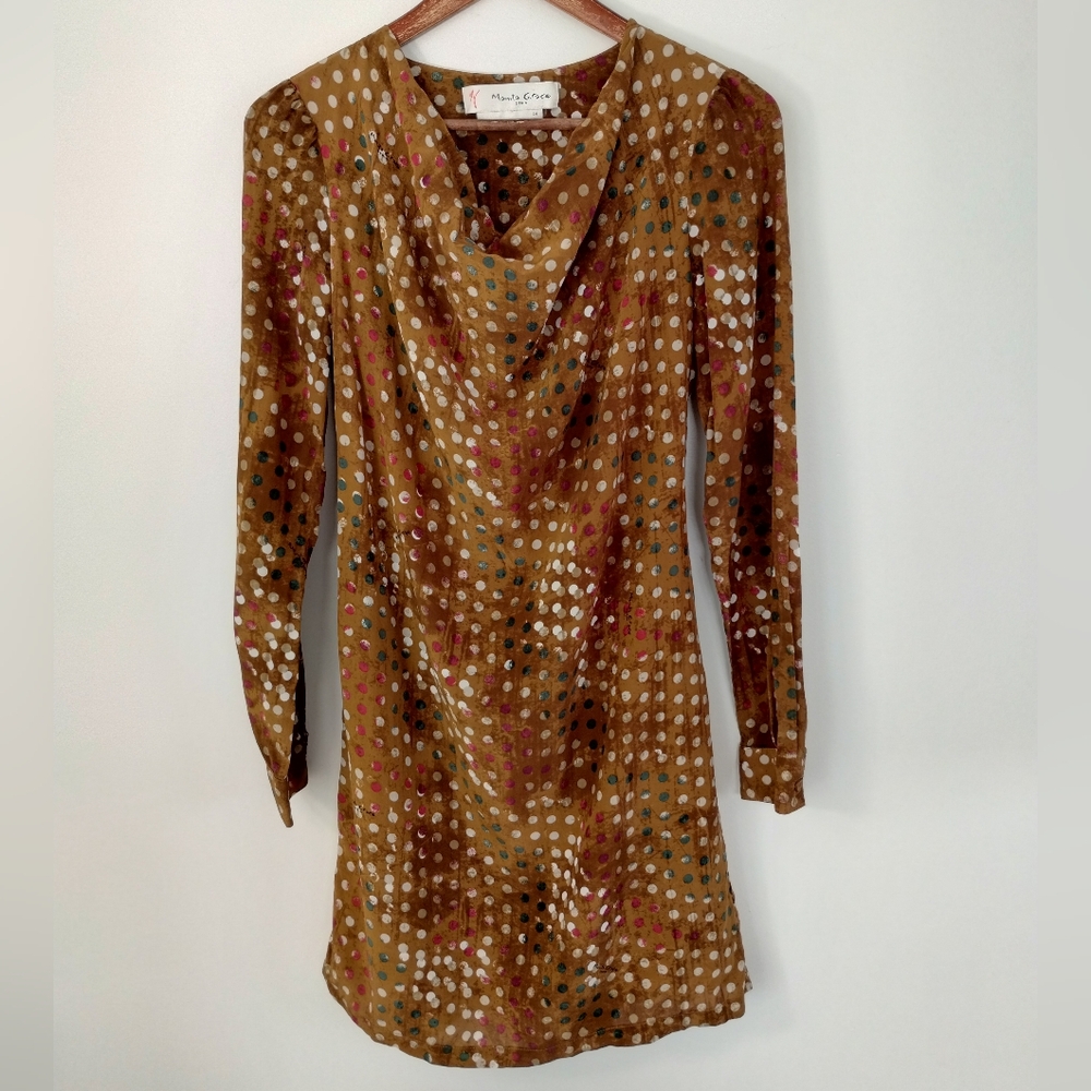 Manila Grace 100% Silk Polka Dot Cowl Neck Mini Dress Size 44 US 8 Italian Luxe